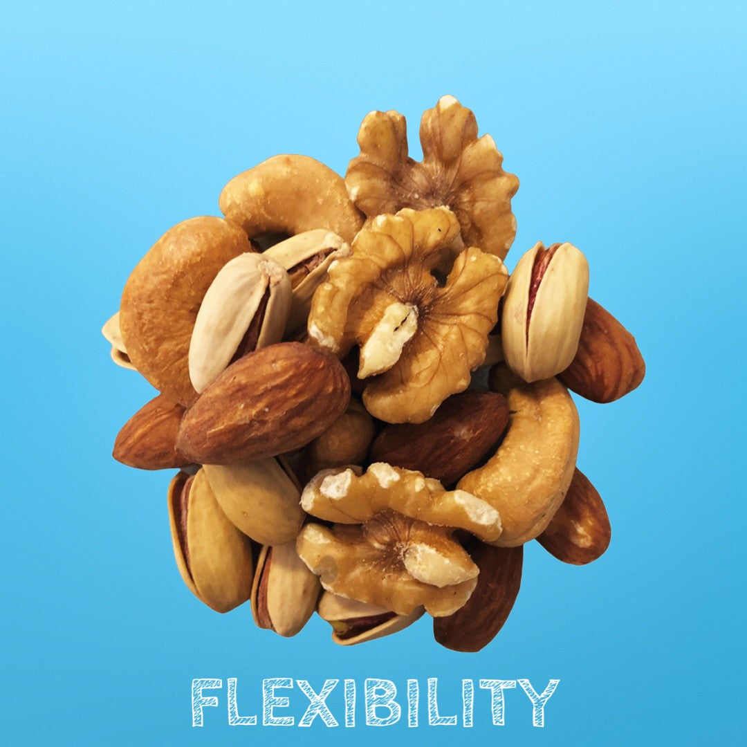 Discover Your Favourite Snack On Nuts - Flexibility Mixed Nuts: Dry Roasted Almonds, Cashews, Pistachios, and Raw Walnuts. Choose Your Ultimate Nut Mix.