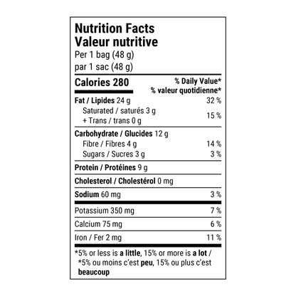 Nutrition Facts - Snack On Nuts Flexibility Mixed Nuts Single Pouch Serving - Healthy Snacks, Nutrient Dense Foods with 280 calories, 9g of protein, 24g of healthy fat, 12g of carbohydrates, and 60mg of sodium